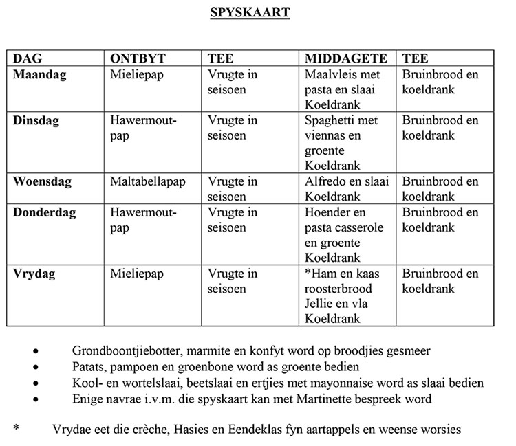 Soenêtjie Soenetjie kleuterskool Creche Spyskaart